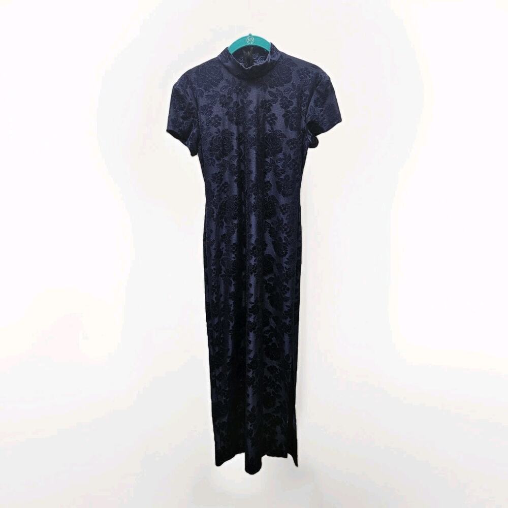 Vtg 90s Blondie & Me Navy High Neck Short-Sleeved Maxi Dress Gothic Floral Small